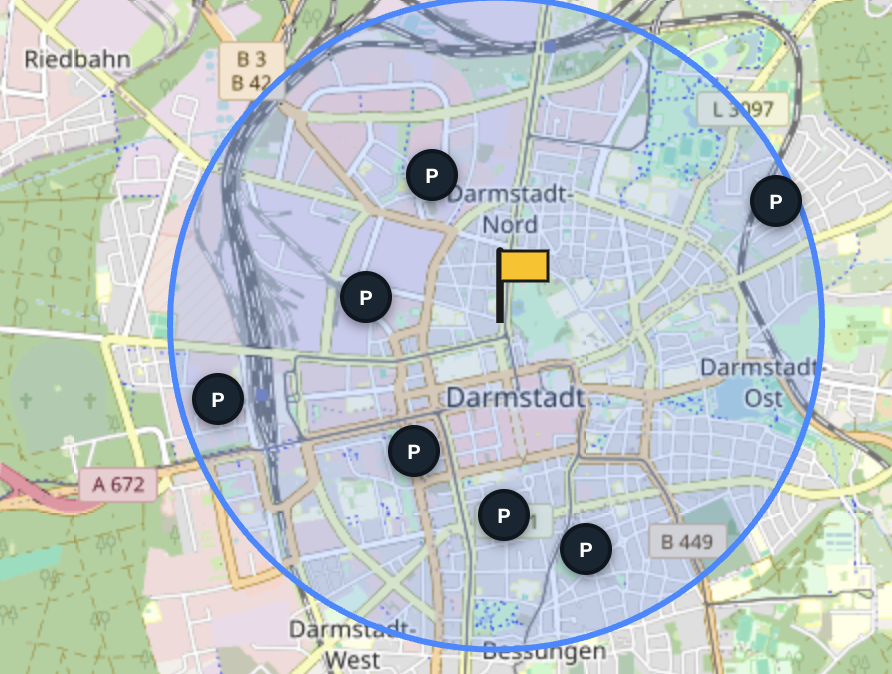 Karte mit Parkplätzen in Darmstadt